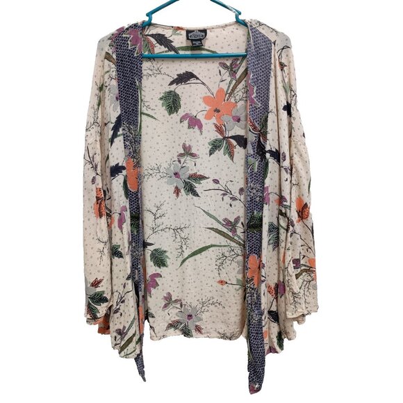 Angie Tops - Angie Womens BOHO Kimono Top Size Medium Pink Floral Open 3/4 Sleeve Festival